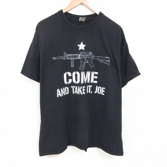 XL★古着 半袖 Tシャツ メンズ マシンガン 大きいサイズ コットン クルーネック 黒 ブラック 25jun07 中古