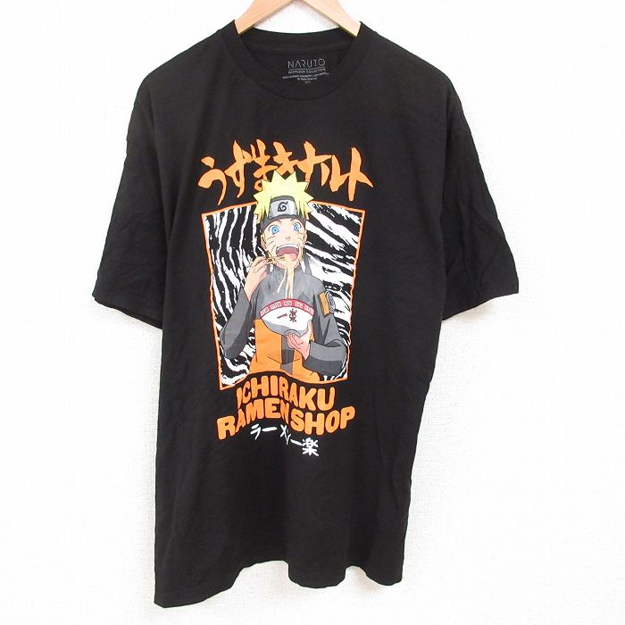 XL★古着 半袖 Tシャツ メンズ アニメ ナルト疾風伝 うずまきナルト 大きいサイズ ロング丈 コットン クルーネック 黒 ブラック 25jun07 中古