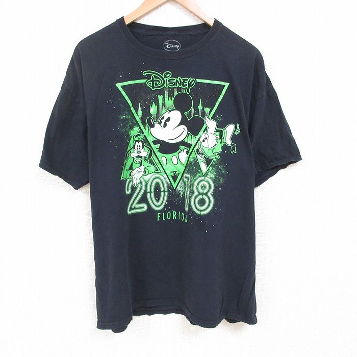 XL★古着 半袖 Tシャツ メンズ ディズニー DISNEY ミッキー MICKEY MOUSE 大きいサイズ コットン クルーネック 黒 ブラック 25jun07 中古