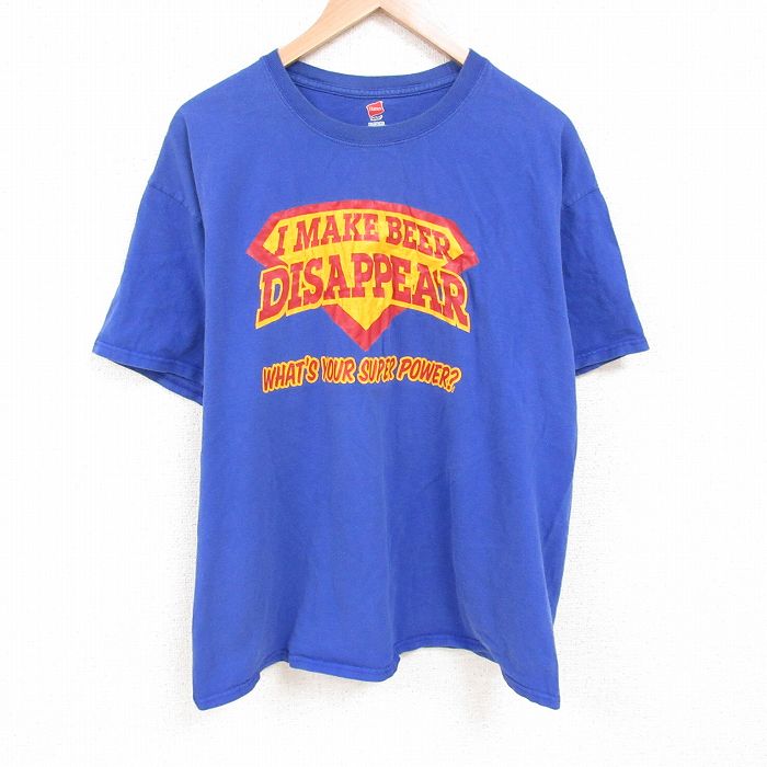 【50%OFF】XL★古着 ヘインズ Hanes 半袖 Tシャツ メンズ ビール 大きいサイズ コットン クルーネック 青 ブルー 25jun07 中古