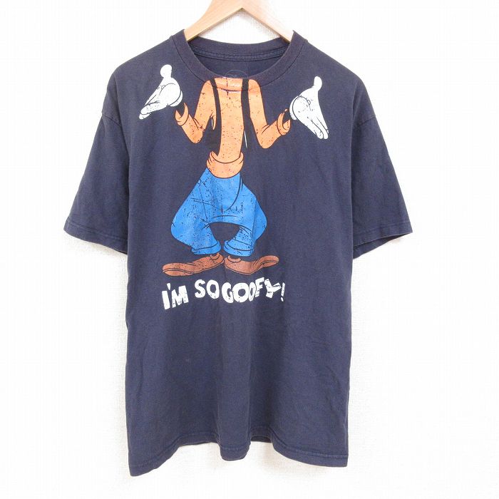 XL★古着 半袖 Tシャツ メンズ ディズニー DISNEY グーフィー 大きいサイズ コットン クルーネック 紺 ネイビー 25jun07 中古