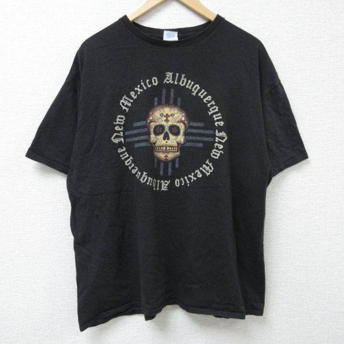 【20%OFF】XL★古着 半袖 Tシャツ メンズ スカル 大きいサイズ コットン クルーネック 黒 ブラック 25jun09 中古