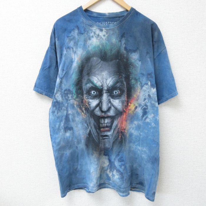 XL★古着 半袖 Tシャツ メンズ インジャスティス ジョーカー 大きいサイズ コットン クルーネック 青他 ブルー タイダイ 25jun09 中古