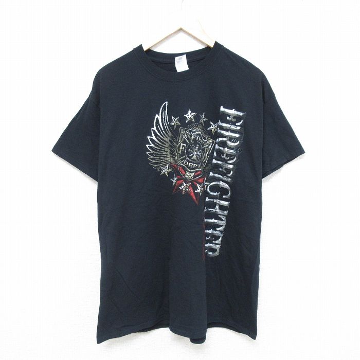 XL★古着 半袖 Tシャツ メンズ ファイヤファイター コットン クルーネック 黒 ブラック 25jun09 中古