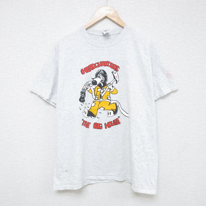 XL★古着 半袖 Tシャツ メンズ 消防士 クルーネック 薄グレー 霜降り 25jun09 中古