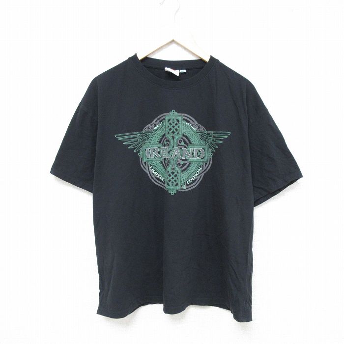 XL★古着 半袖 Tシャツ メンズ アイルランド コットン クルーネック 黒 ブラック 25jun09 中古