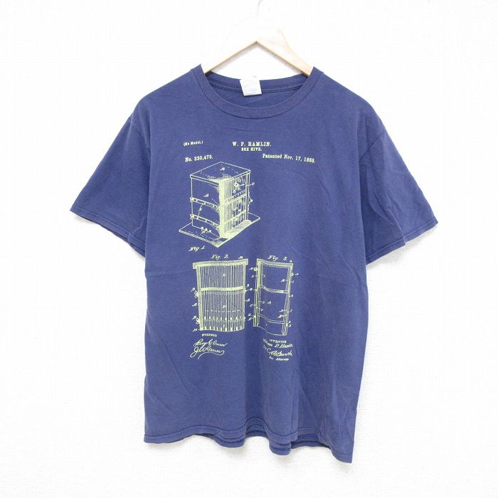 L★古着 半袖 Tシャツ メンズ 建物 コットン クルーネック 紺 ネイビー 25jun09 中古
