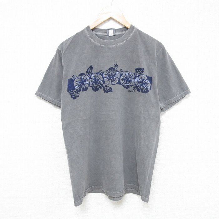 L★古着 Crazy Shirts 半袖 Tシャツ メンズ ハイビスカス コットン クルーネック グレー 25jun09 中古