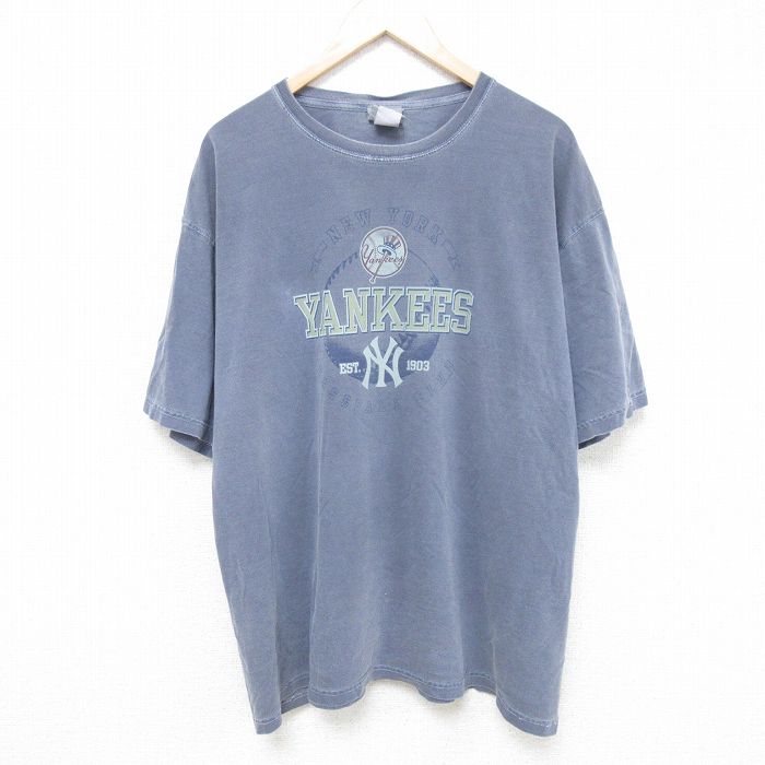 XL★古着 半袖 Tシャツ メンズ MLB ニューヨークヤンキース 大きいサイズ コットン クルーネック 薄紺 ネイビー メジャーリーグ ベースボール 野球 25jun09 中古