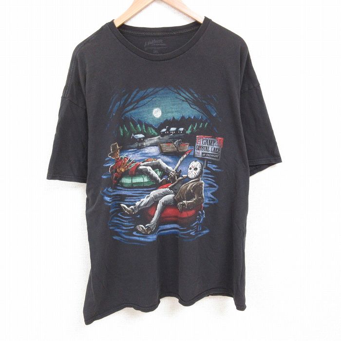 XL★古着 半袖 Tシャツ メンズ エルム街の悪夢 13日の金曜日 大きいサイズ ロング丈 コットン クルーネック 黒 ブラック 25jun09 中古