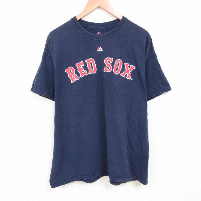 XL★古着 マジェスティック 半袖 Tシャツ メンズ MLB ボストンレッドソックス デビッドオルティーズ 34 大きいサイズ クルーネック 紺 ネイビー メジャーリーグ ベースボール 野球 25jun09 中古