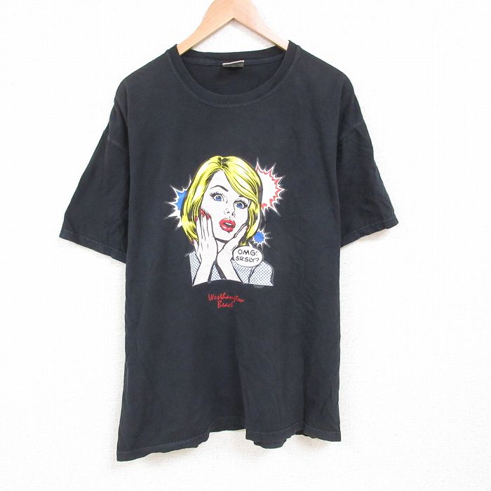 XL★古着 半袖 Tシャツ メンズ 女性 大きいサイズ ロング丈 コットン クルーネック 黒 ブラック 25jun09 中古