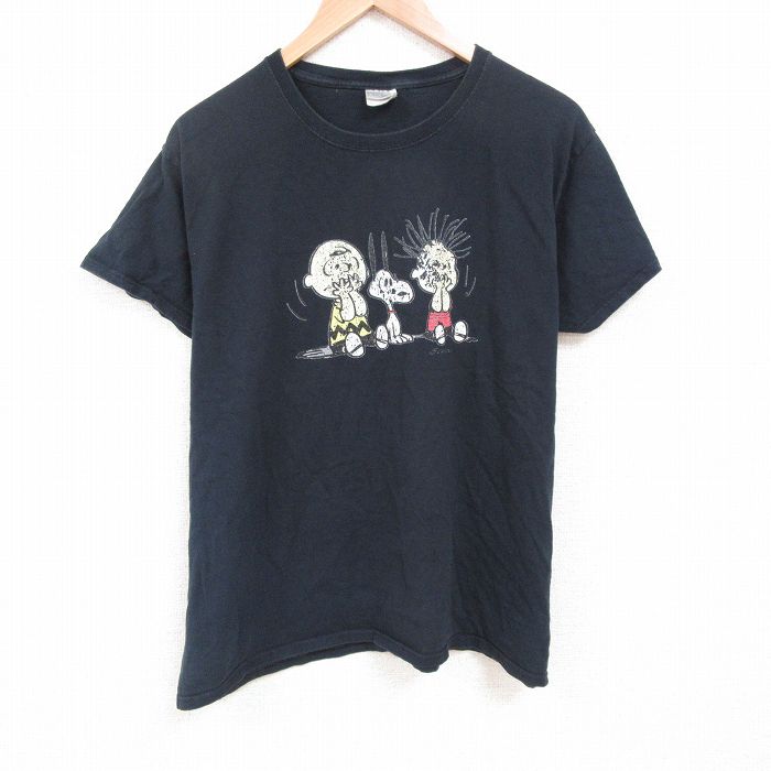 XL★古着 半袖 Tシャツ メンズ スヌーピー SNOOPY チャーリーブラウン 大きいサイズ コットン クルーネック 黒 ブラック 25jun09 中古