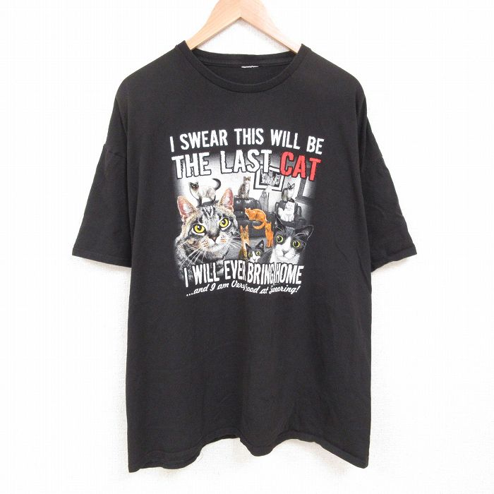 【20%OFF】XL★古着 半袖 Tシャツ メンズ ネコ 大きいサイズ クルーネック 黒 ブラック 25jun09 中古