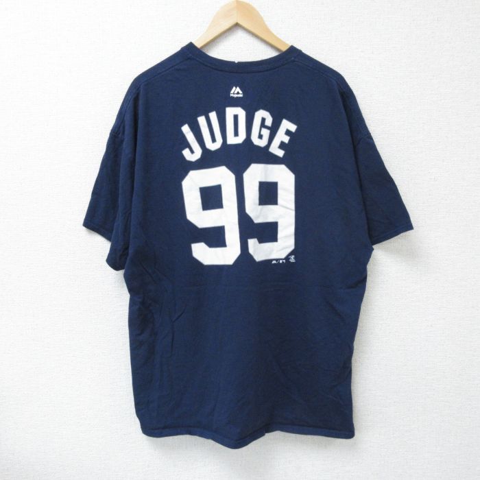 XL★古着 マジェスティック 半袖 Tシャツ メンズ MLB ニューヨークヤンキース アーロンジャッジ 99 大きいサイズ コットン クルーネック 紺 ネイビー メジャーリーグ ベースボール 野球 25jun09 中古
