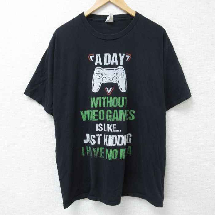 XL★古着 半袖 Tシャツ メンズ コントローラー 大きいサイズ コットン クルーネック 黒 ブラック 25jun09 中古