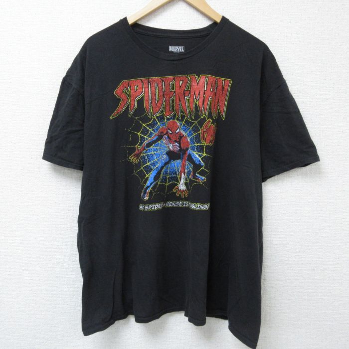 XL★古着 半袖 Tシャツ メンズ マーベル スパイダーマン 大きいサイズ コットン クルーネック 黒 ブラック 25jun09 中古