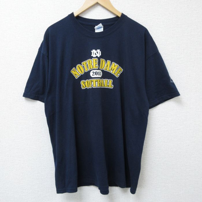 【20%OFF】XL★古着 半袖 Tシャツ メンズ ノートルダム クルーネック 紺 ネイビー 25jun09 中古