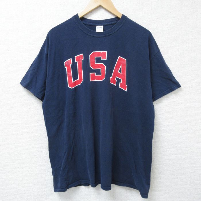 【20%OFF】XL★古着 半袖 Tシャツ メンズ USAロゴ コットン クルーネック 紺 ネイビー 25jun09 中古