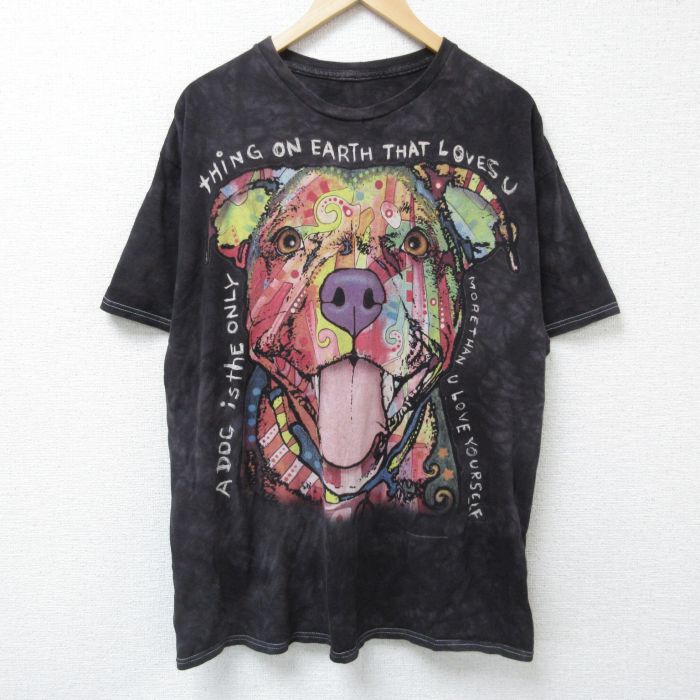 XL★古着 半袖 Tシャツ メンズ ディーンルッソ 犬 大きいサイズ コットン クルーネック 黒他 ブラック タイダイ 25jun09 中古