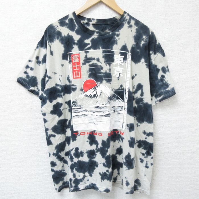 XL★古着 半袖 Tシャツ メンズ 富士山 コットン クルーネック 黒他 ブラック タイダイ 25jun09 中古