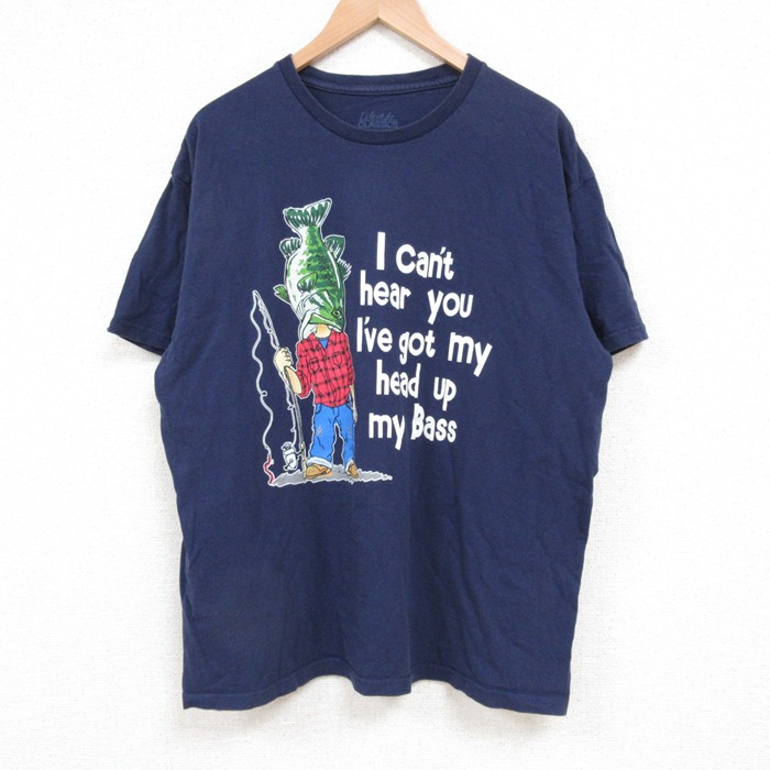 【20%OFF】XL★古着 半袖 Tシャツ メンズ メッセージ コットン クルーネック 紺 ネイビー 25jun10 中古