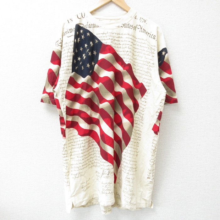 XL★古着 半袖 Tシャツ メンズ 星条旗 大きいサイズ ロング丈 コットン クルーネック 薄ベージュ カーキ 【spe】 25jun10 中古