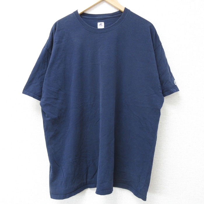XL★古着 ラッセル 半袖 Tシャツ メンズ 無地 クルーネック 紺 ネイビー 25jun10 中古