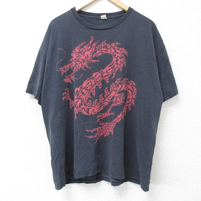 XL★古着 半袖 Tシャツ メンズ ドラゴン コットン クルーネック 黒 ブラック 25jun10 中古