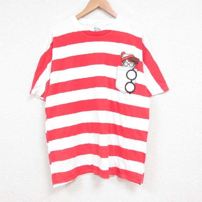L★古着 半袖 Tシャツ メンズ ウォーリーをさがせ コットン クルーネック 白他 ホワイト ボーダー 25jun14 中古