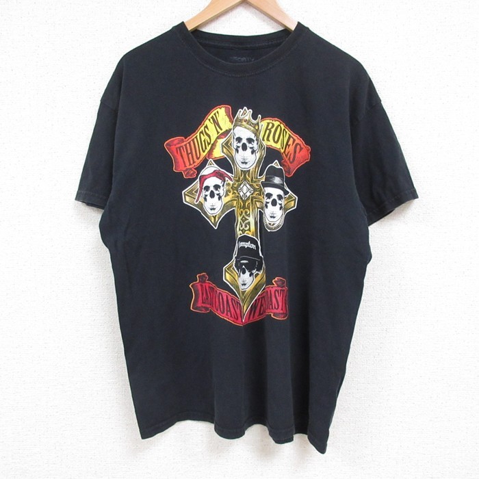 【20%OFF】XL★古着 半袖 Tシャツ メンズ 十字架 クルーネック 黒 ブラック 25jun14 中古