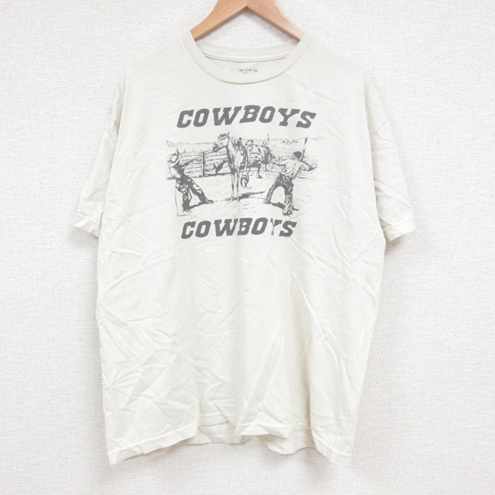 XL★古着 半袖 Tシャツ メンズ カウボーイ クルーネック 薄ベージュ カーキ 25jun14 中古
