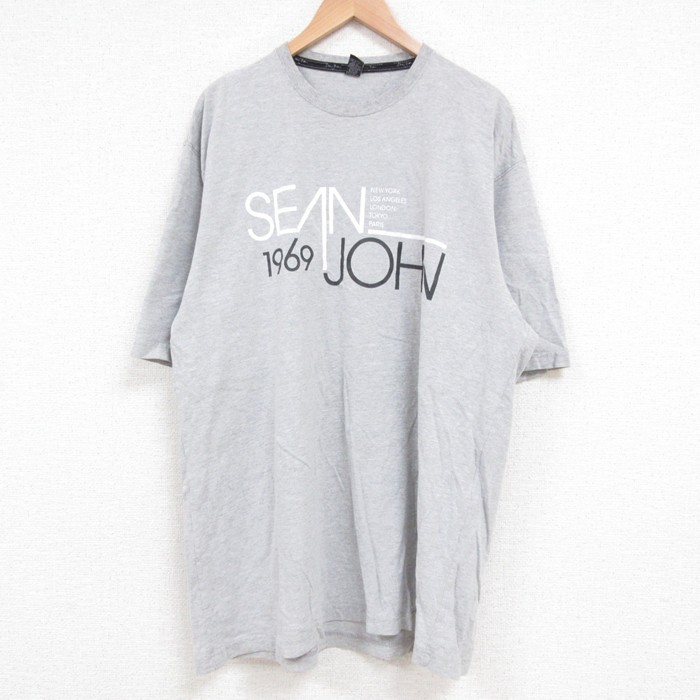 XL★古着 ショーンジョン 半袖 Tシャツ メンズ ビッグロゴ 大きいサイズ ロング丈 クルーネック グレー 霜降り 25jun14 中古