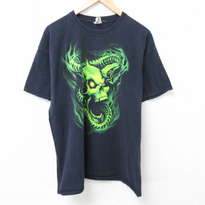 XL★古着 ジャージーズ 半袖 Tシャツ メンズ スカル コットン クルーネック 黒 ブラック 25jun11 中古