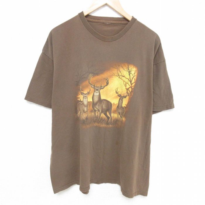 XL★古着 半袖 Tシャツ メンズ シカ 大きいサイズ クルーネック こげ茶 ブラウン 25jun11 中古