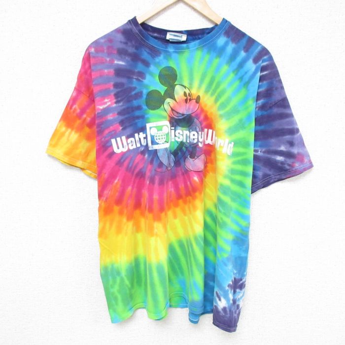 XL★古着 半袖 Tシャツ メンズ ディズニー DISNEY ミッキー MICKEY MOUSE サイズ コットン クルーネック 濃ピンク他 タイダイ 25jun11 中古