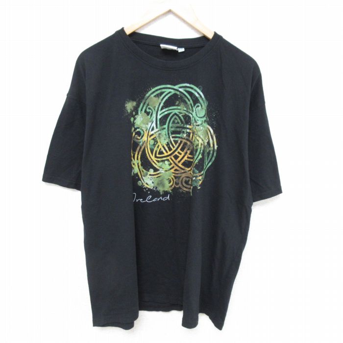 XL★古着 半袖 Tシャツ メンズ アイルランド 大きいサイズ コットン クルーネック 黒 ブラック 25jun11 中古