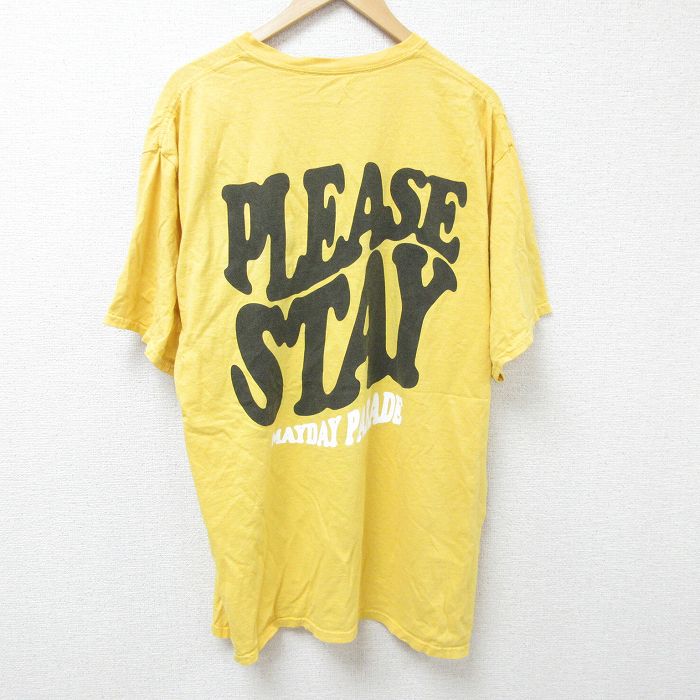 XL★古着 半袖 Tシャツ メンズ プリーズ 大きいサイズ ロング丈 コットン クルーネック 黄 イエロー 25jun11 中古