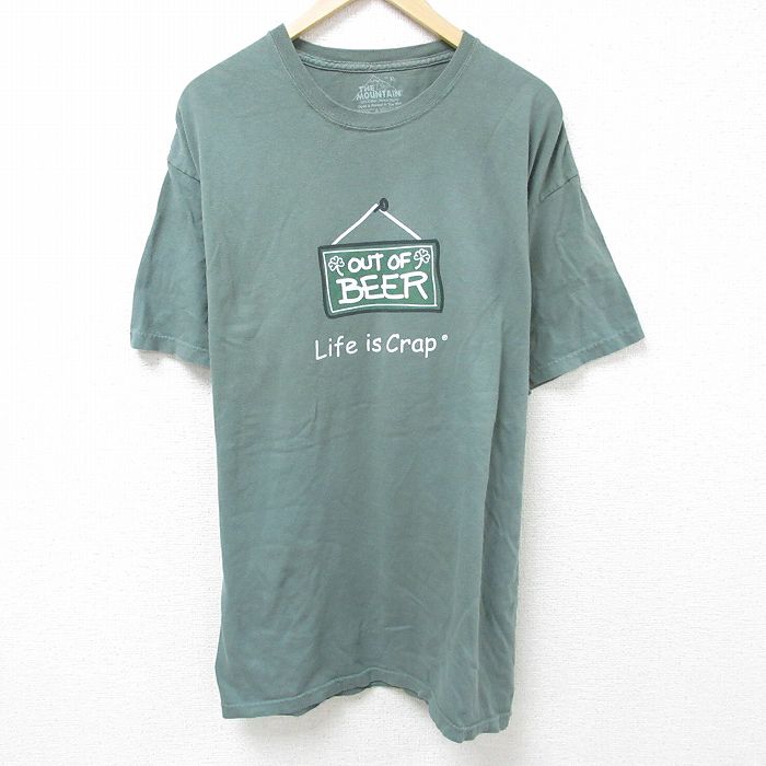 【50%OFF】XL★古着 半袖 Tシャツ メンズ ビール 大きいサイズ ロング丈 コットン クルーネック 緑 グリーン 25jun11 中古
