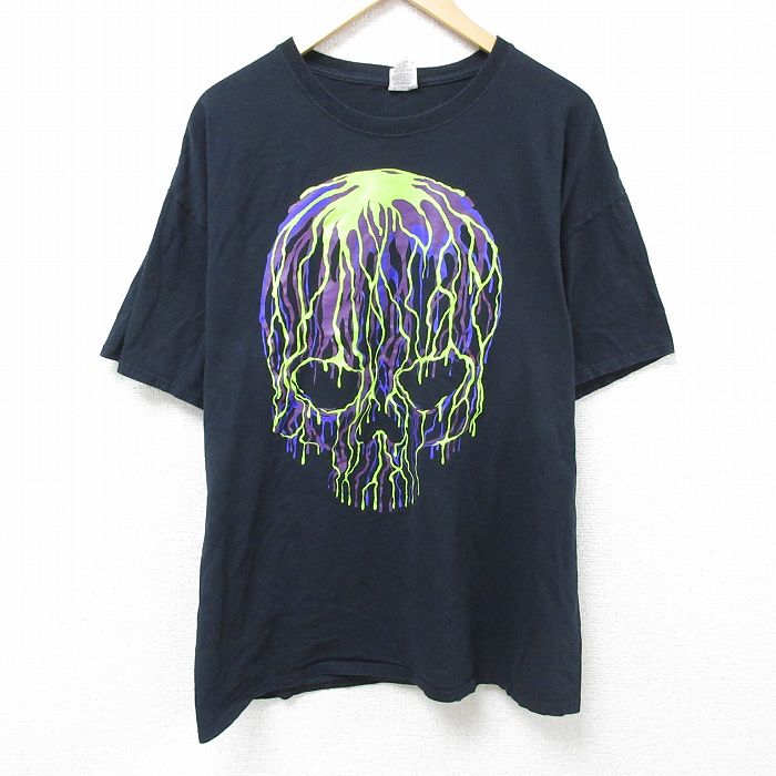 XL★古着 フルーツオブザルーム 半袖 Tシャツ メンズ スカル 大きいサイズ コットン クルーネック 黒 ブラック 25jun11 中古