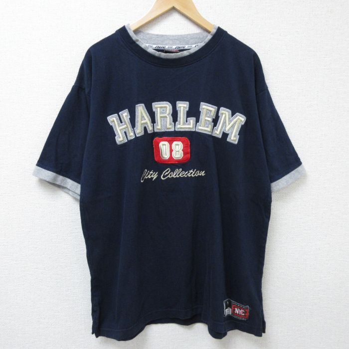 XL★古着 半袖 Tシャツ メンズ HARLEM 大きいサイズ コットン クルーネック 紺 ネイビー 【spe】 25jun12 中古