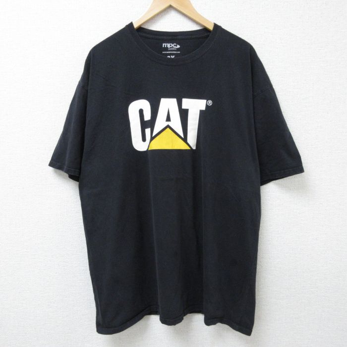 【50%OFF】XL★古着 半袖 Tシャツ メンズ CAT 大きいサイズ コットン クルーネック 黒 ブラック 25jun12 中古