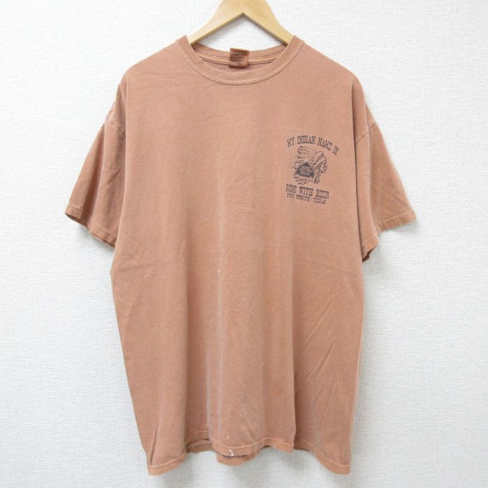 XL★古着 半袖 Tシャツ メンズ インディアン コットン クルーネック 薄茶 ブラウン 25jun12 中古