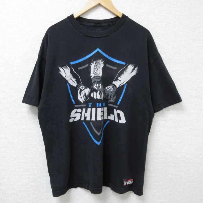 XL★古着 半袖 Tシャツ メンズ ワールドプロレスリング ザシールド 大きいサイズ クルーネック 黒 ブラック 25jun12 中古