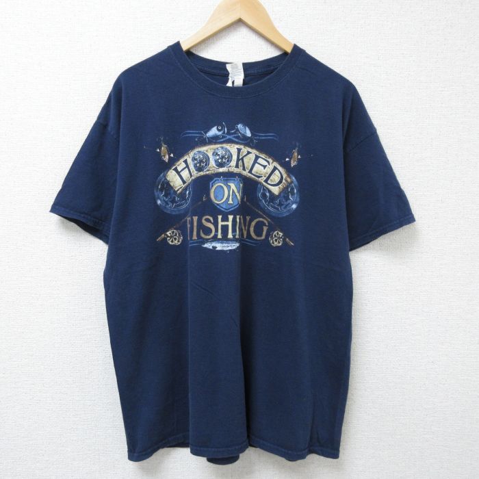 XL★古着 半袖 Tシャツ メンズ フィッシング 大きいサイズ コットン クルーネック 紺 ネイビー 25jun12 中古