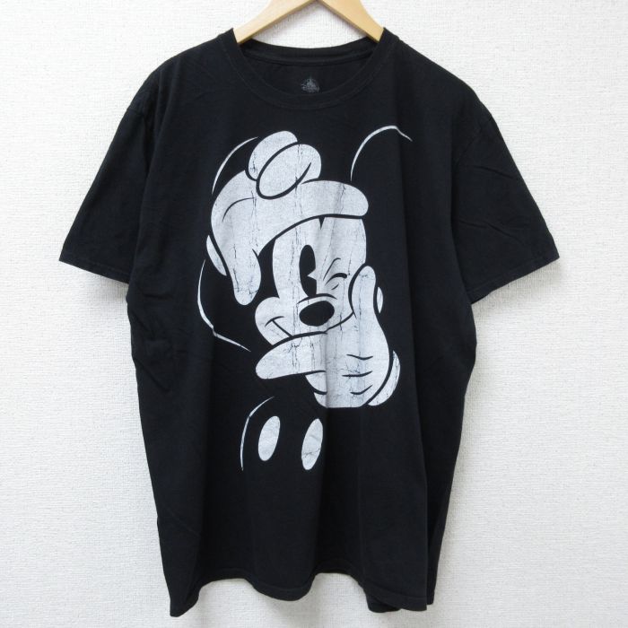 XL★古着 半袖 Tシャツ メンズ ディズニー DISNEY ミッキー MICKEY MOUSE 大きいサイズ コットン クルーネック 黒 ブラック 25jun12 中古