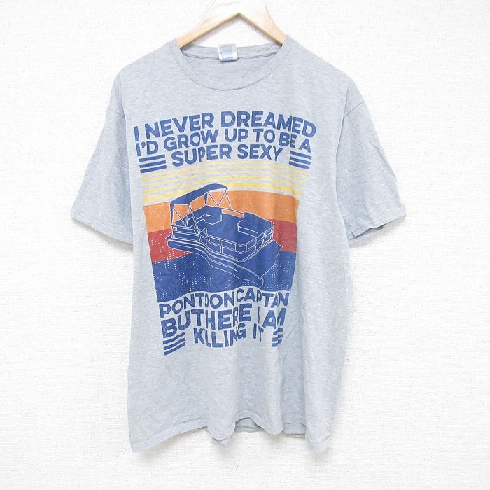 XL★古着 半袖 Tシャツ メンズ ボート 大きいサイズ クルーネック グレー 霜降り 25jun13 中古