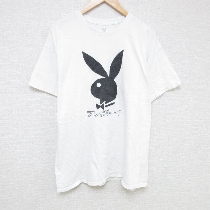 XL★古着 プレイボーイ PLAY BOY 半袖 Tシャツ メンズ ビッグロゴ 大きいサイズ コットン クルーネック 白 ホワイト 25jun13 中古