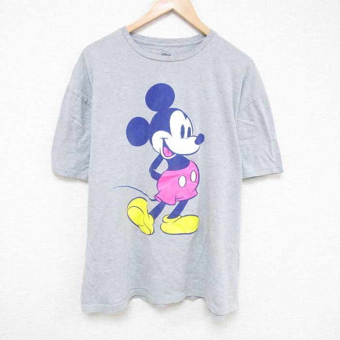 XL★古着 半袖 Tシャツ メンズ ディズニー DISNEY ミッキー MICKEY MOUSE 大きいサイズ クルーネック グレー 霜降り 25jun13 中古