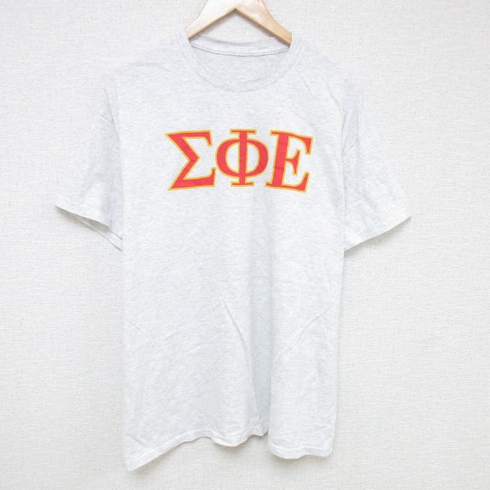 XL★古着 半袖 Tシャツ メンズ ギリシャ文字 大きいサイズ クルーネック 薄グレー 霜降り 25jun13 中古